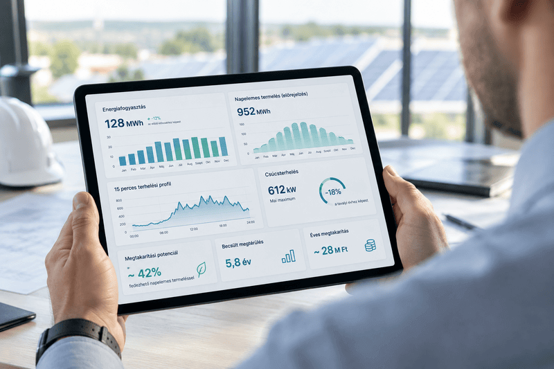 Tableten megjelenített napelemes kalkuláció: energiafogyasztás, várható termelés és megtérülés